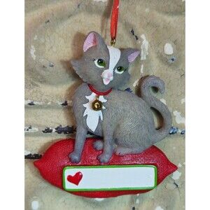 NWT Kurt S. Adler Personalizable Christmas Tree Ornament Grey Cat on a Pillow